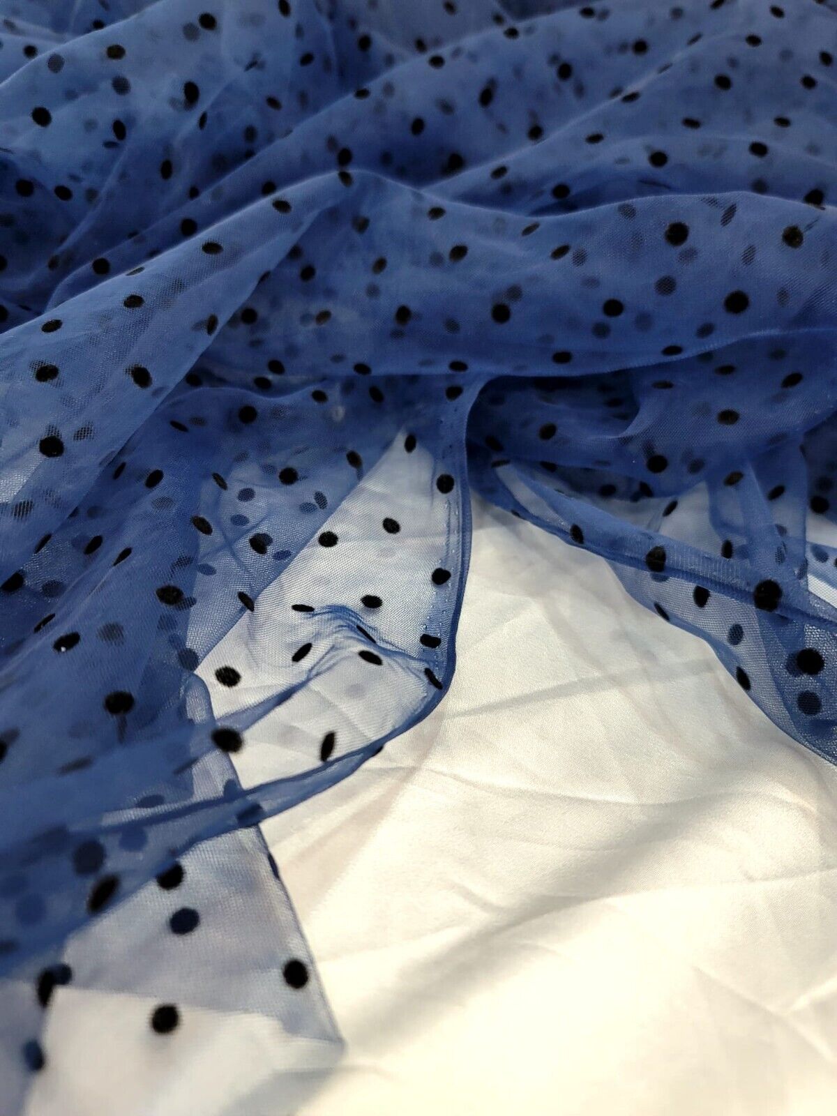 Tulle Mesh Fabric Navy Blue with Black Velvet Polka Dots