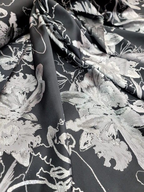 Silver Floral Black Brocade Fabric