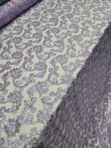 Embroidered Floral Lace Mesh Fabric Lavender