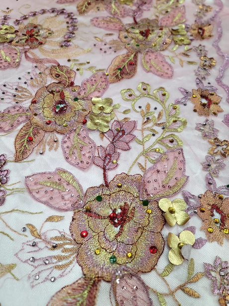 3D Floral Lace Fabric Coral Gold Rhinestone