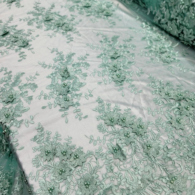 3D Floral Embroidery Beaded Mesh Lace Sage Green