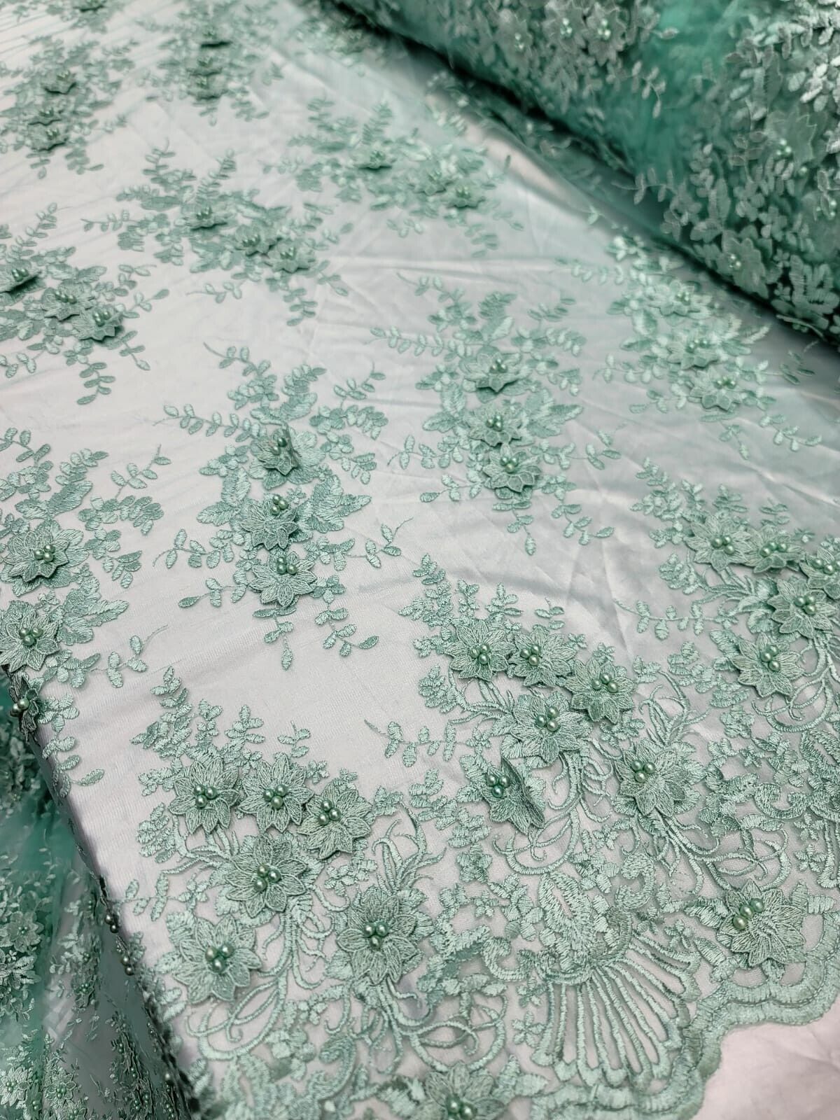 3D Floral Embroidery Beaded Mesh Lace Sage Green