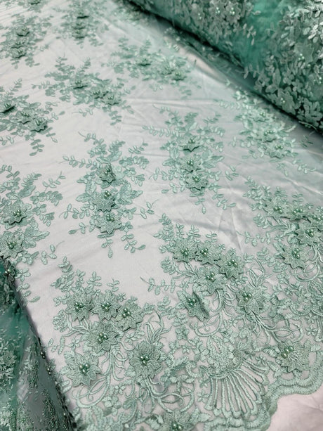 3D Floral Embroidery Beaded Mesh Lace Sage Green