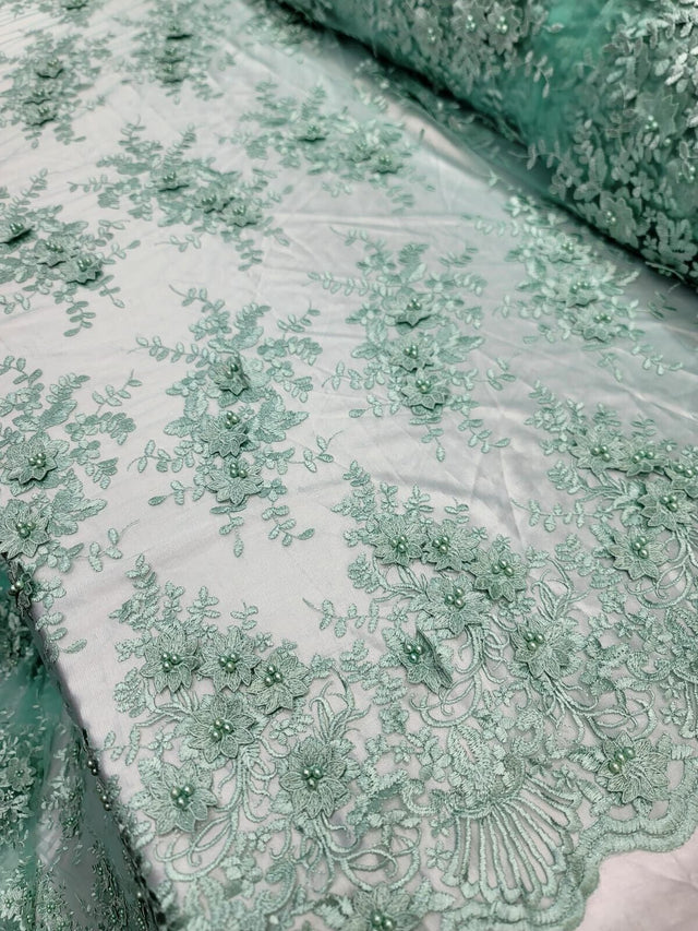 3D Floral Embroidery Beaded Mesh Lace Sage Green