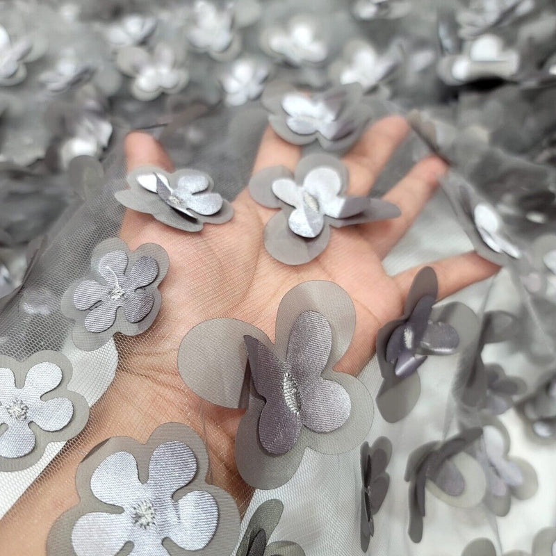 3D Floral Lace Gray Butterfly Fabric