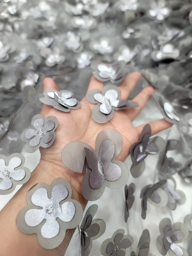 3D Floral Lace Gray Butterfly Fabric