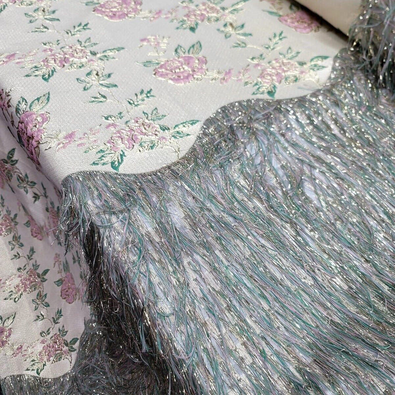 Brocade Jacquard Metallic Eyelash Fabric Sage Pink Gold