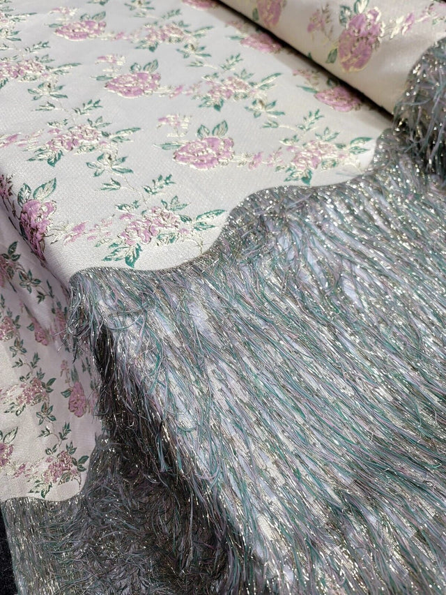 Brocade Jacquard Metallic Eyelash Fabric Sage Pink Gold