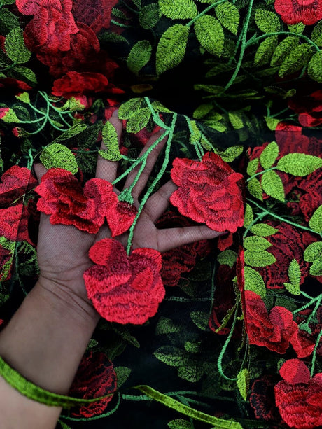 Embroidered Black Lace Fabric with Red and Green Flowers