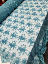 Beaded Embroidered Lace Fabric Turquoise