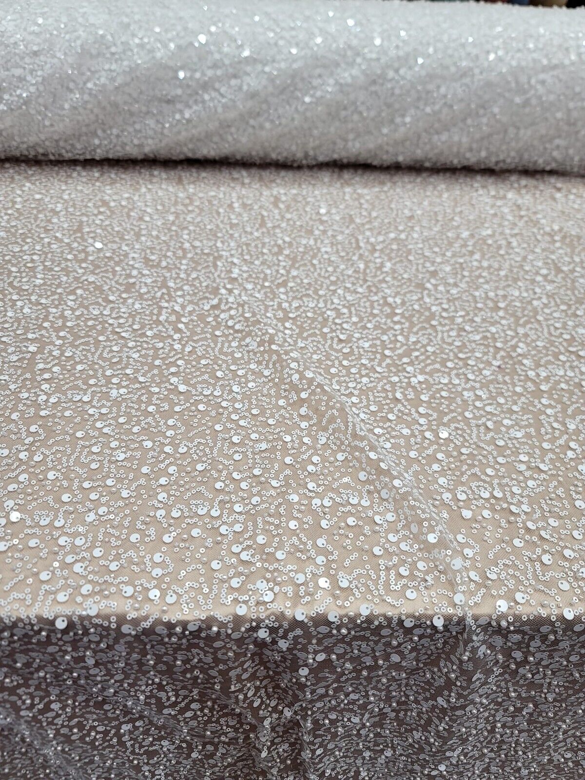 White Beaded Lace Fabric