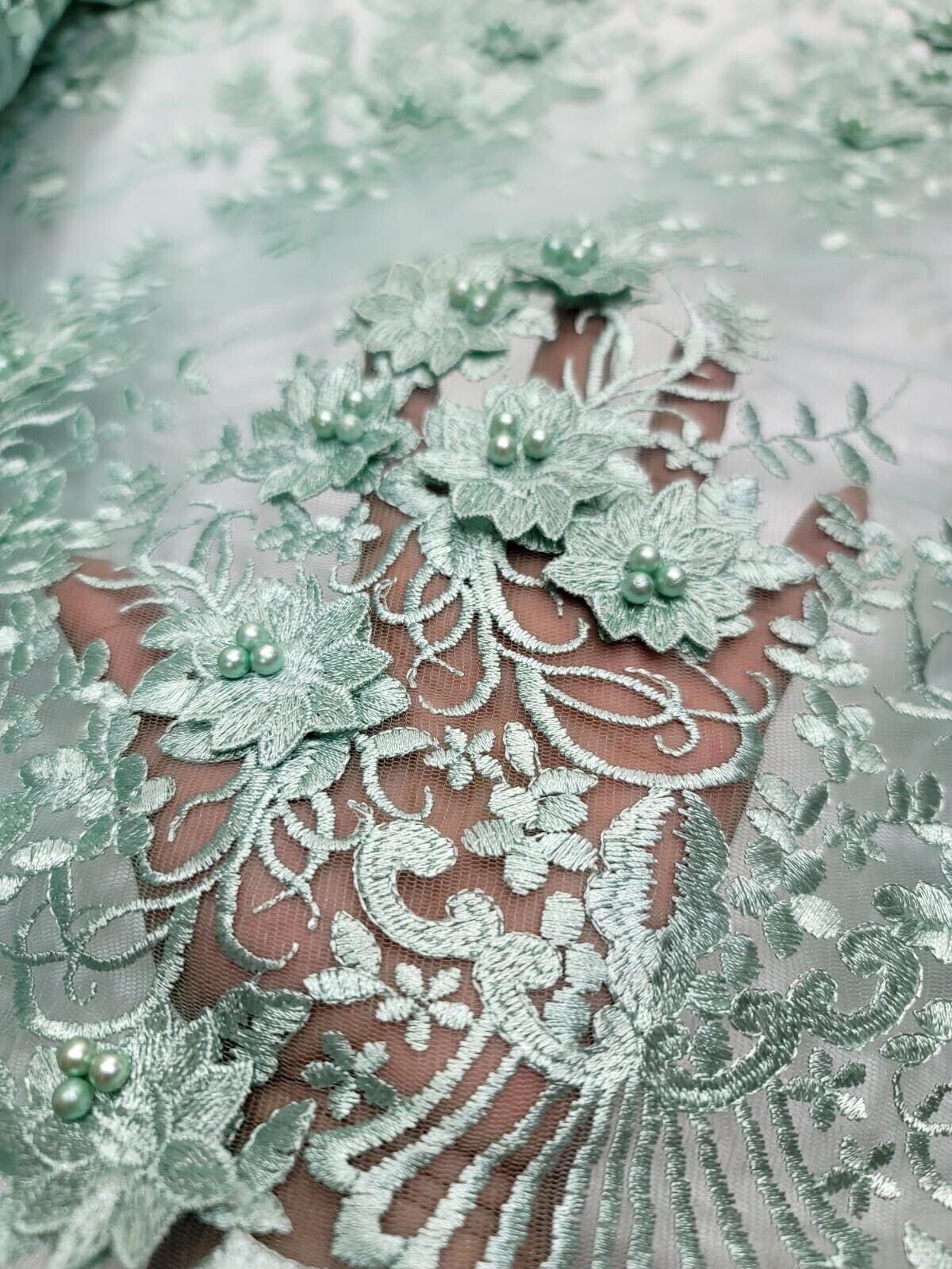 3D Floral Embroidery Beaded Mesh Lace Sage Green