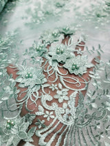 3D Floral Embroidery Beaded Mesh Lace Sage Green