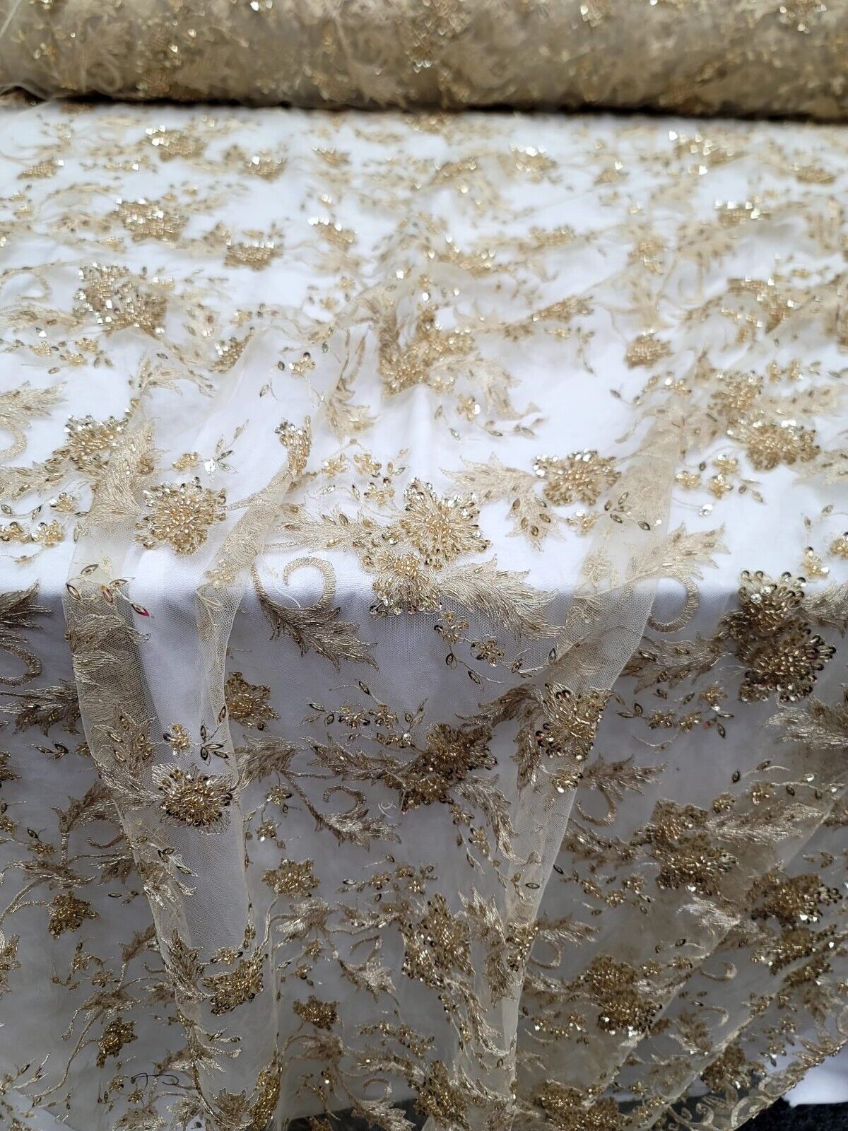 Gold Beaded Sequins Embroidery Bridal Lace