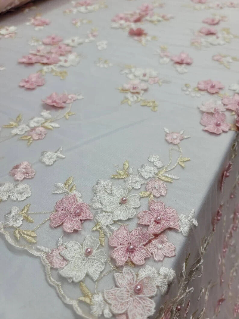 3D Floral Lace on Mesh Pink and Blush