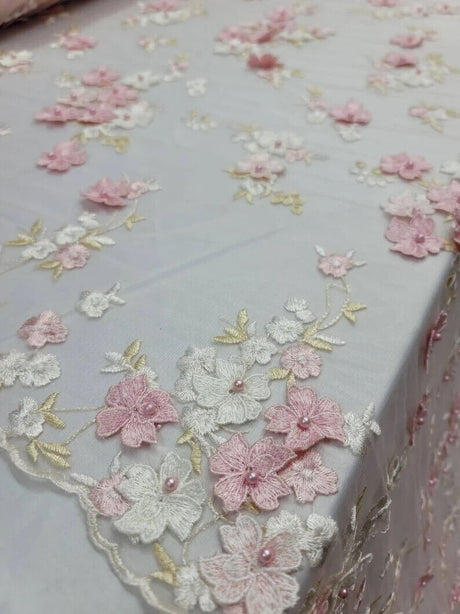 3D Floral Lace on Mesh Pink and Blush