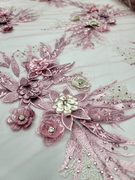 3D Embroidery Lace Fabric Dusty Rose