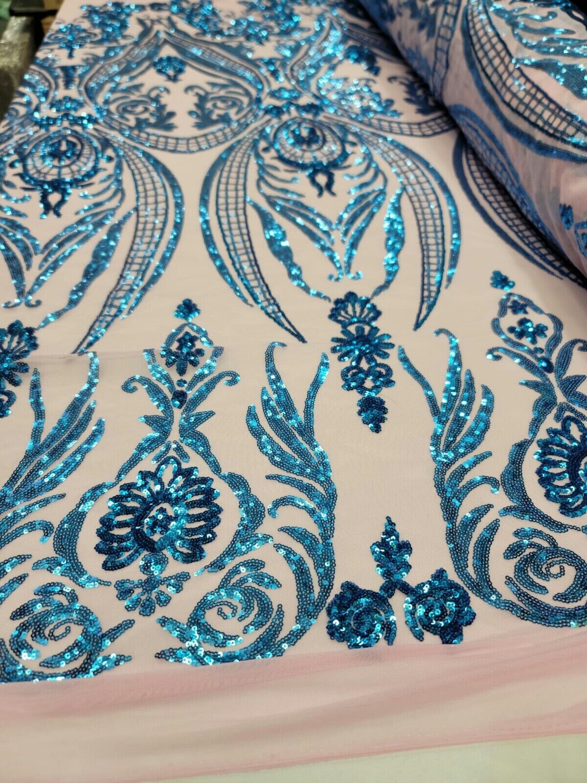 Royal Blue Sequin Lace Fabric