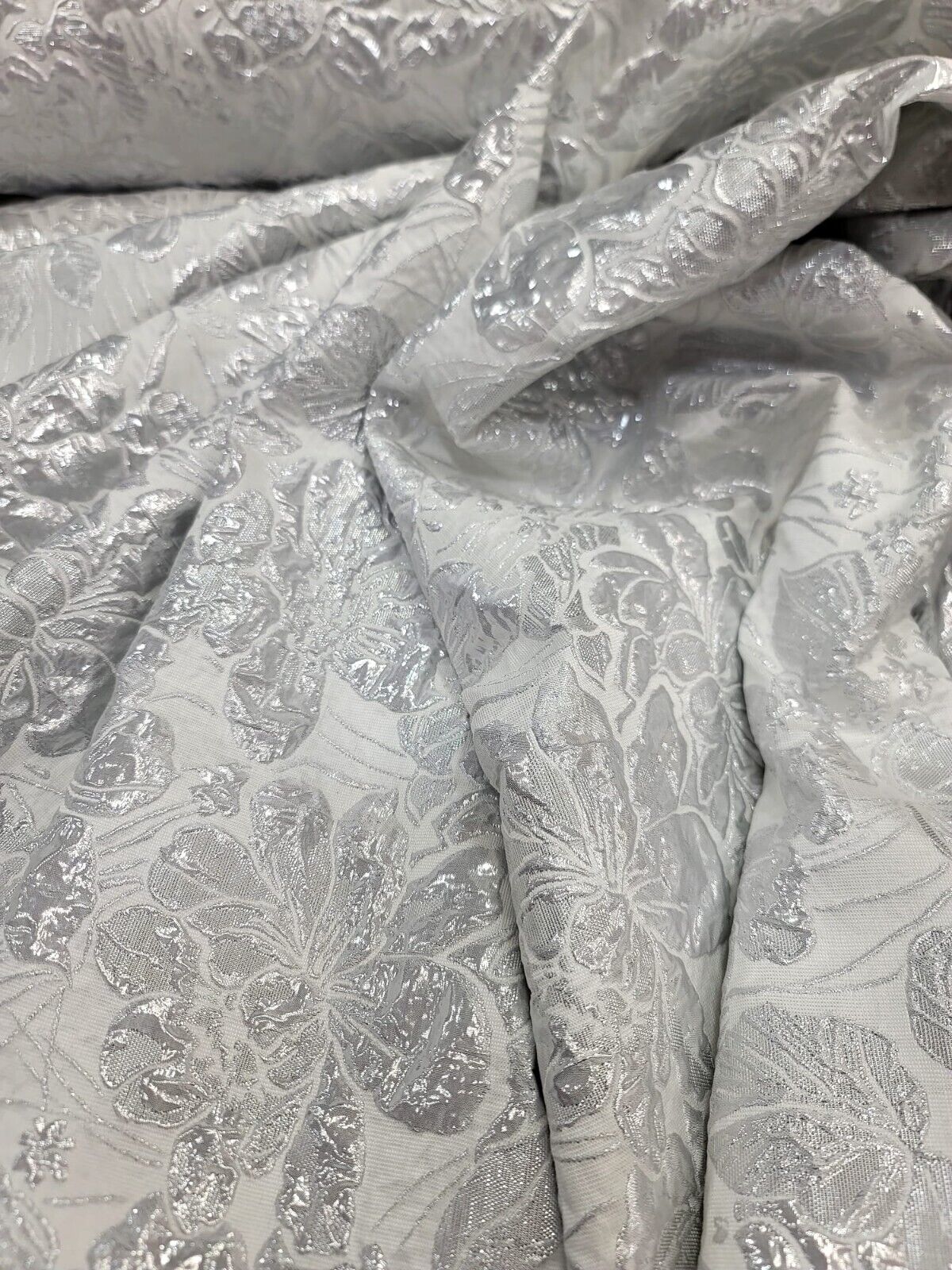 White Silver Floral Brocade Fabric