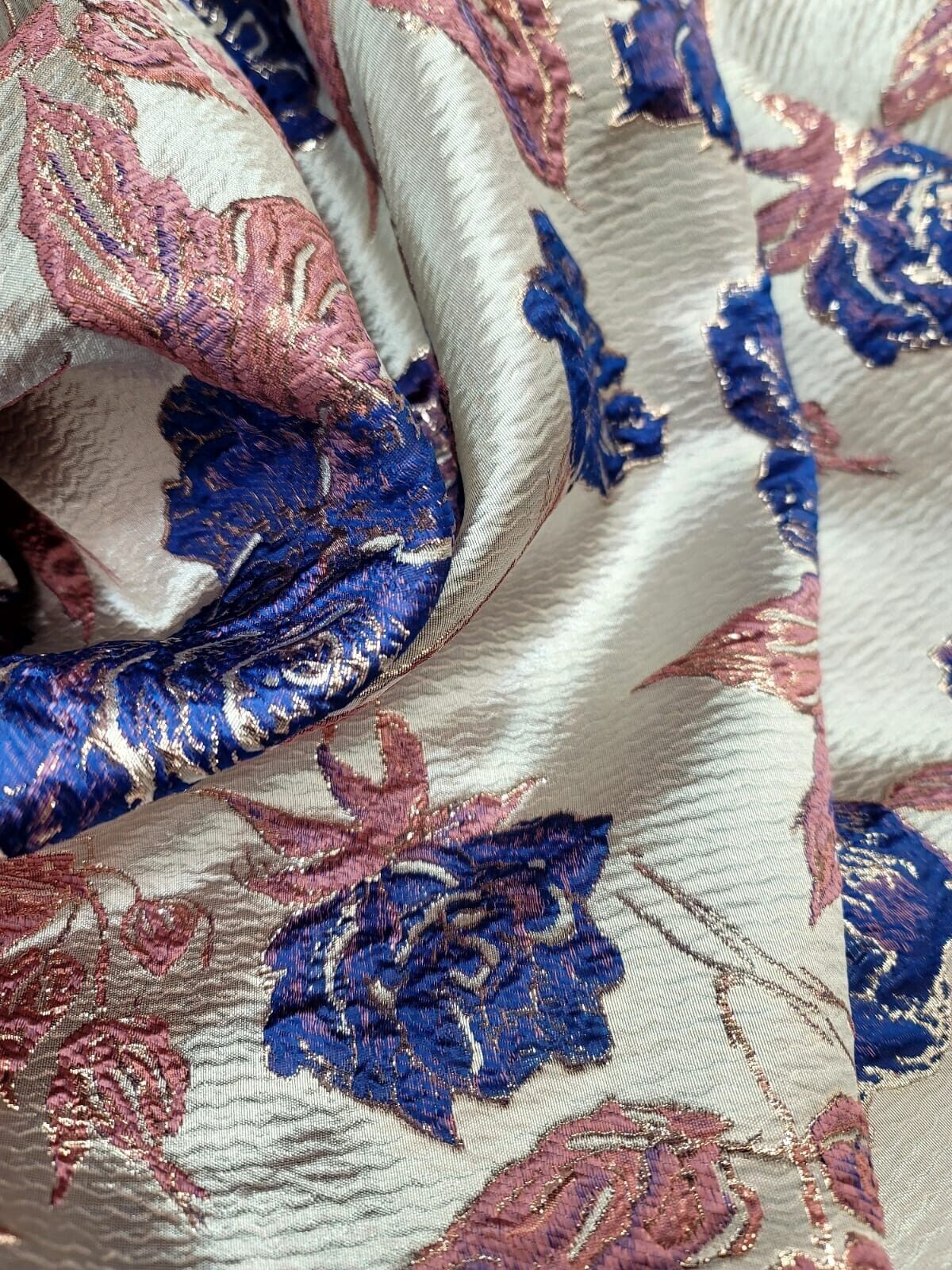 Brocade Jacquard Floral Metallic Fabric Royal Blue Pink