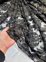 Embroidered Stretch Lace Fabric Black Gold Accent