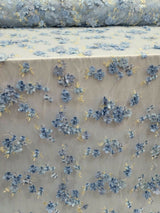 3D Floral Lace on Mesh Sky Blue and Light Yellow