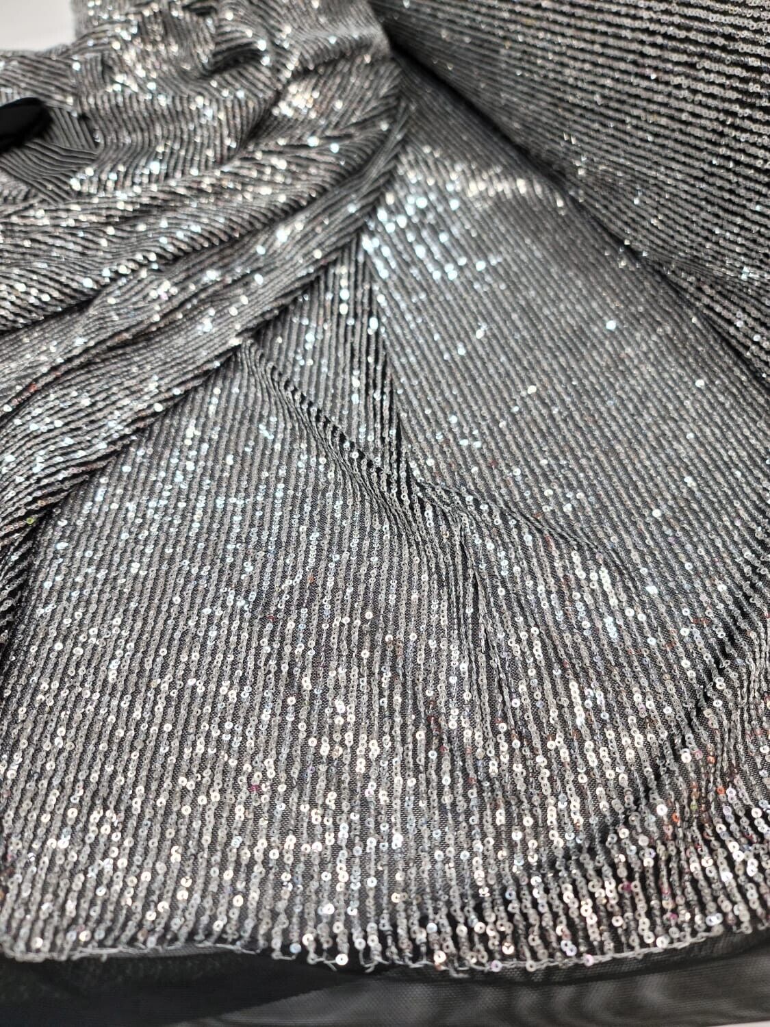 Sequin Stretch Mesh Fabric Silver on Black
