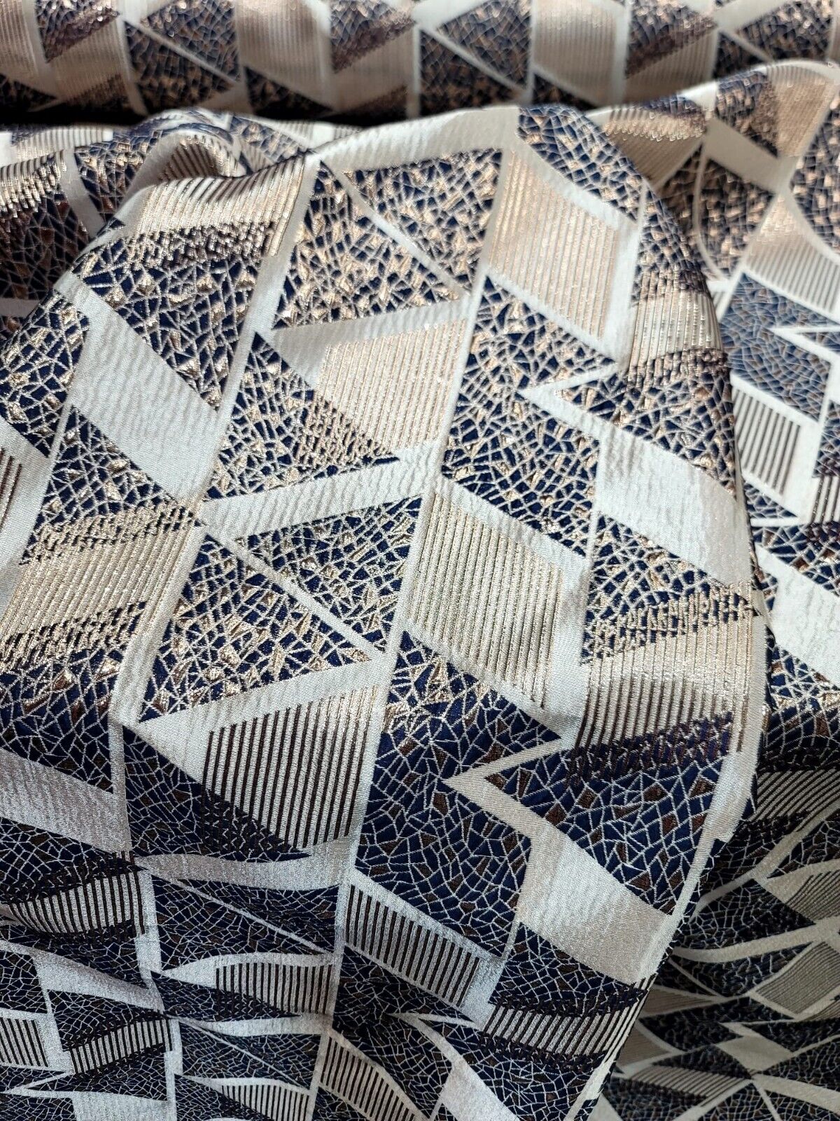 Brocade Jacquard Metallic Gold Geometric Navy Blue