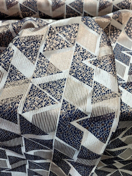 Brocade Jacquard Metallic Gold Geometric Navy Blue