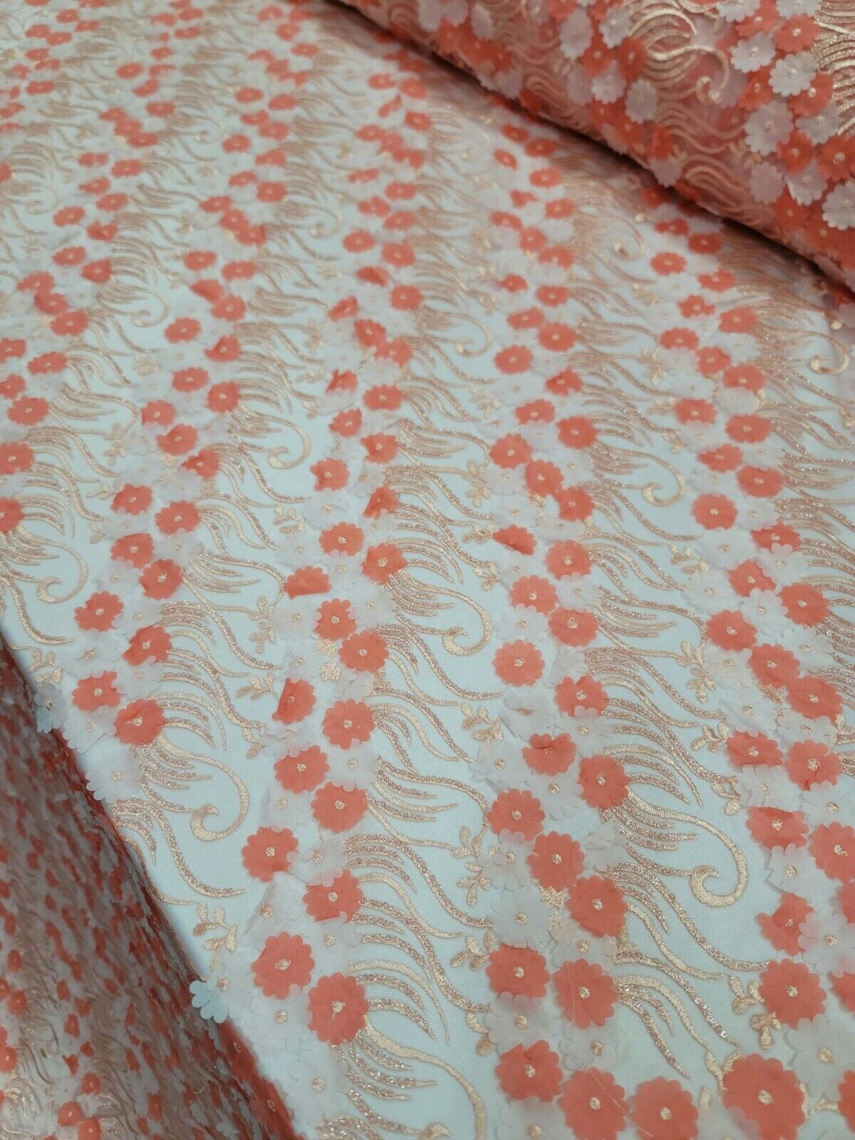 3D Floral Lace Coral Embroidery Sequin Fabric