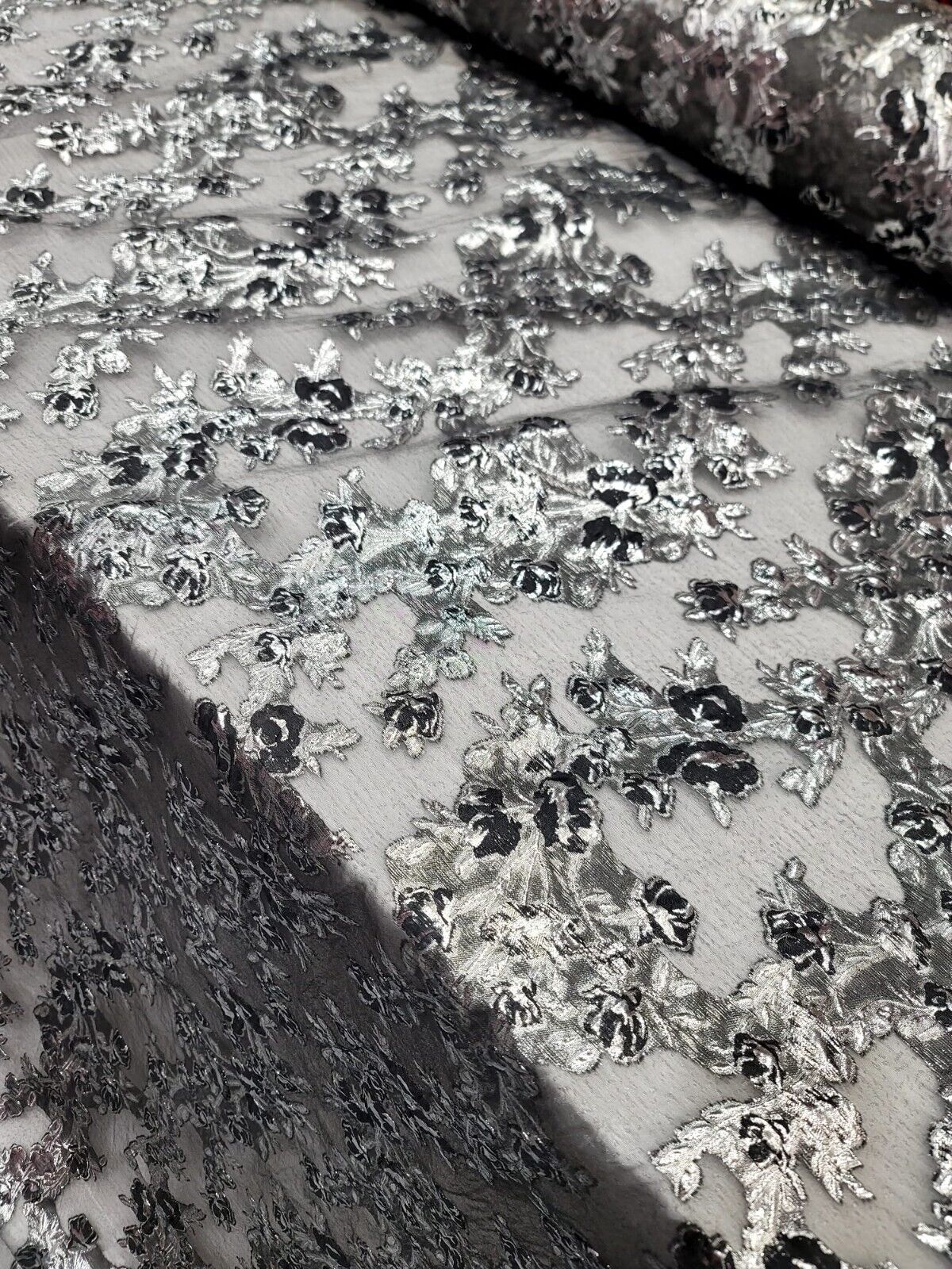 Metallic Silver Floral Brocade Fabric
