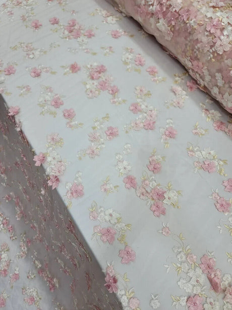 3D Floral Lace on Mesh Pink and Blush