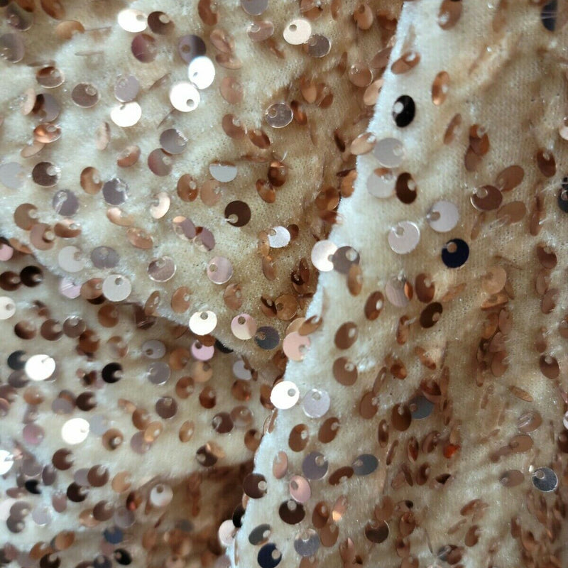 Stretch Velvet Fabric with Embroidery and Sequins Champagne Beige