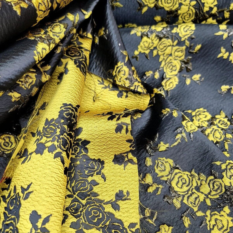 Floral Brocade Fabric Yellow Black