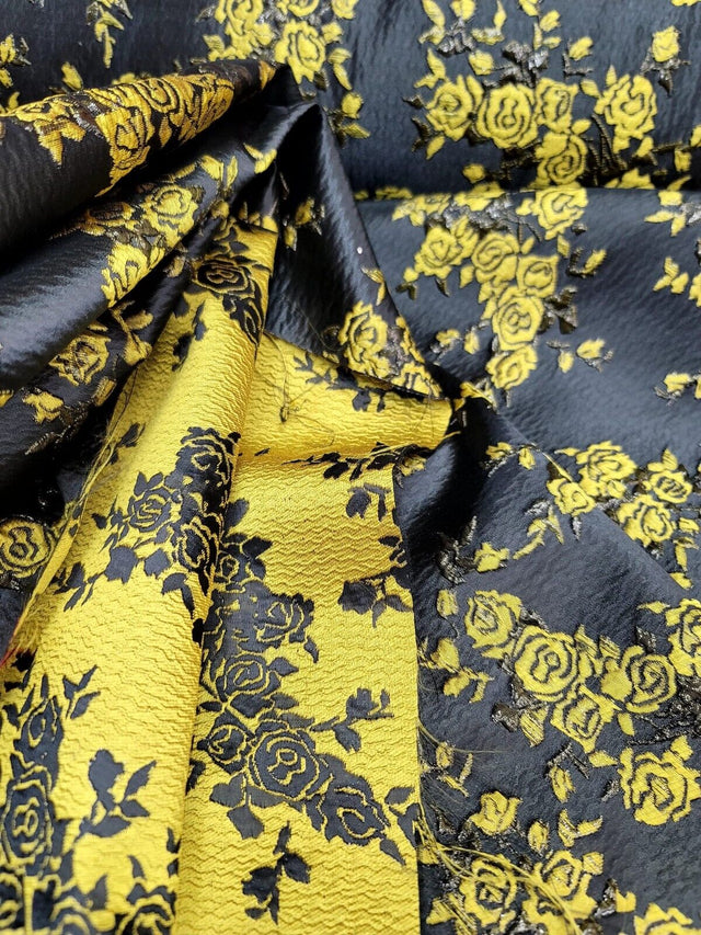 Floral Brocade Fabric Yellow Black