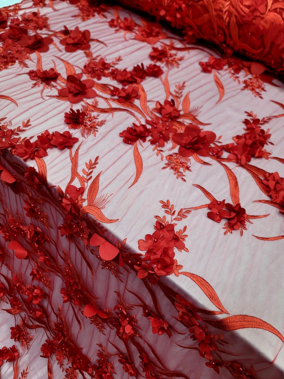 Red 3D Floral Embroidered Pearl Mesh Lace