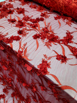 Red 3D Floral Embroidered Pearl Mesh Lace