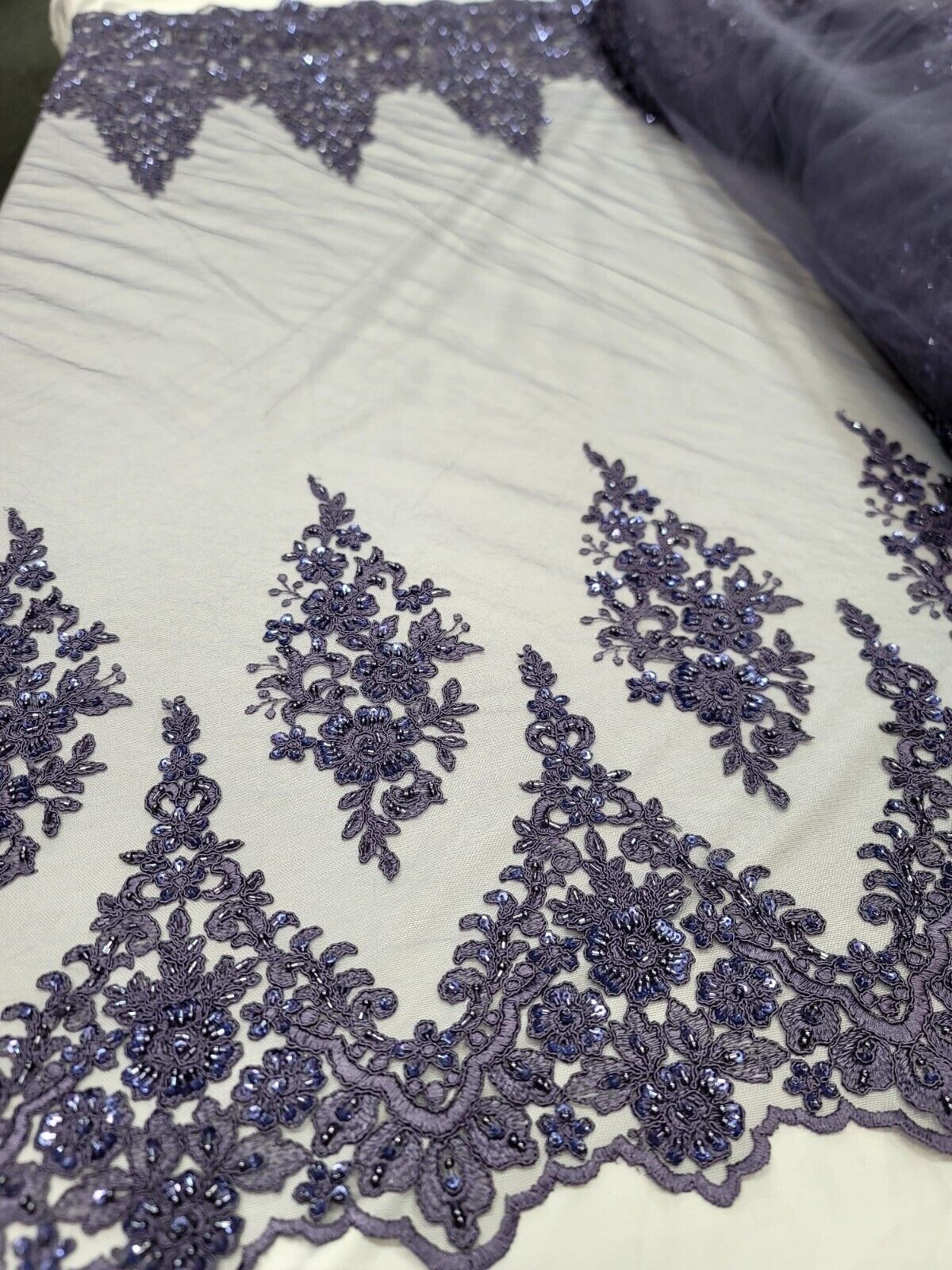 Beaded Embroidered Lace Fabric Purple Violet Edges