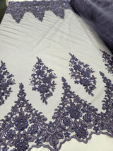 Beaded Embroidered Lace Fabric Purple Violet Edges