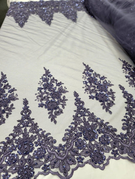 Beaded Embroidered Lace Fabric Purple Violet Edges