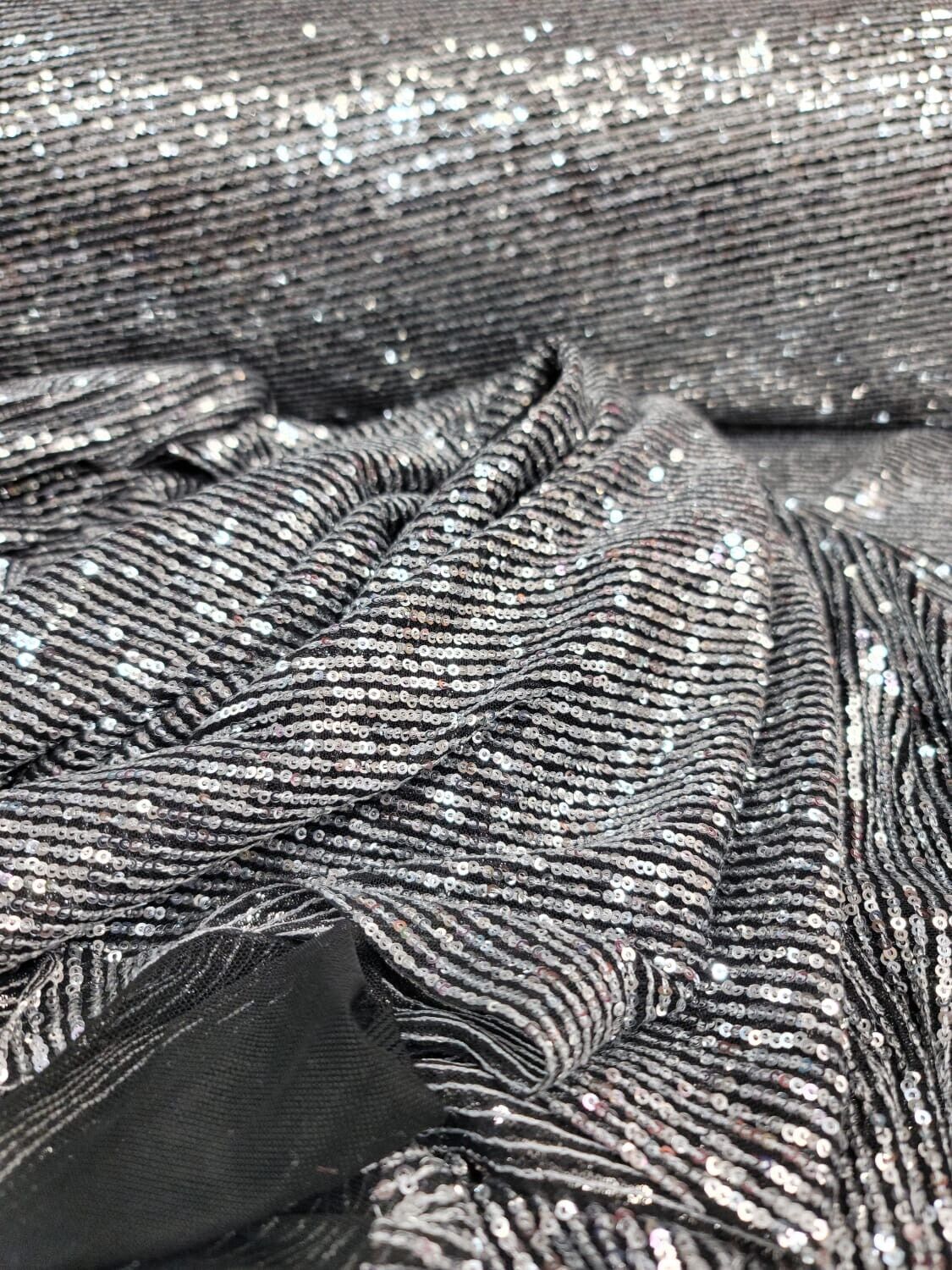 Sequin Stretch Mesh Fabric Silver on Black