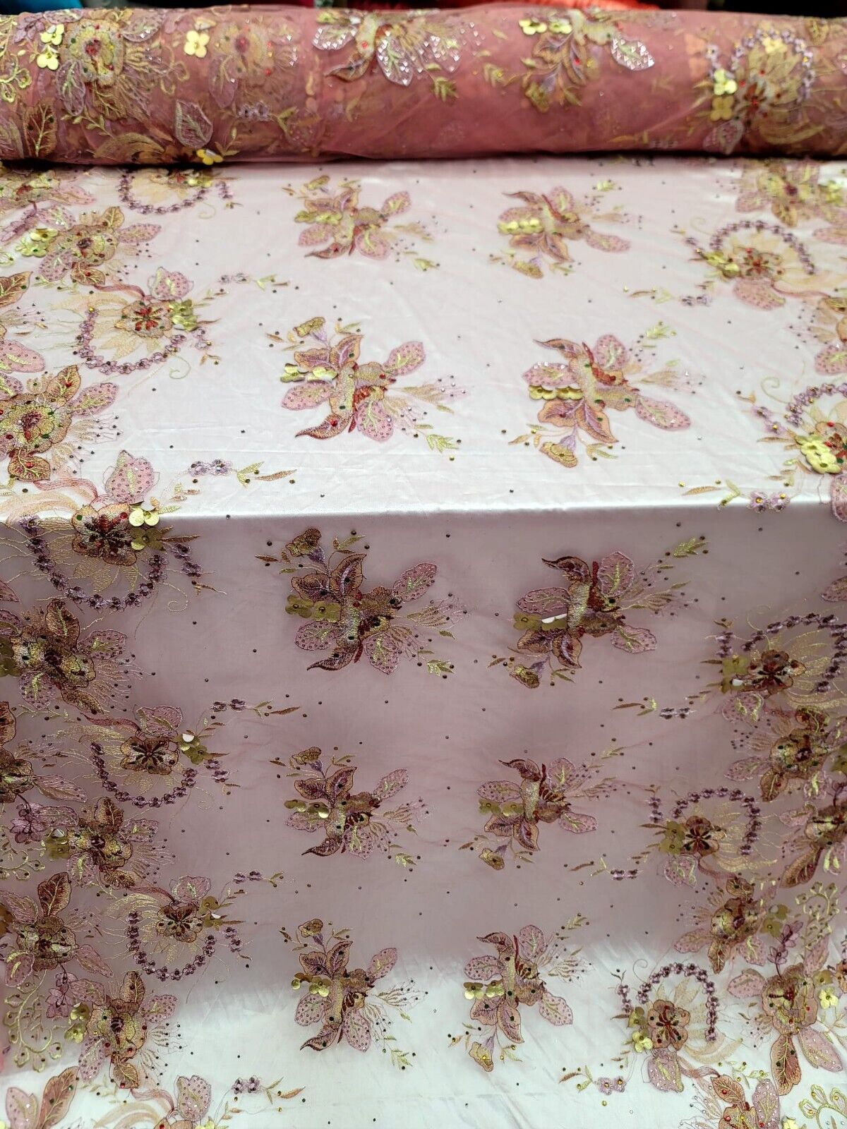 3D Floral Lace Fabric Coral Gold Rhinestone