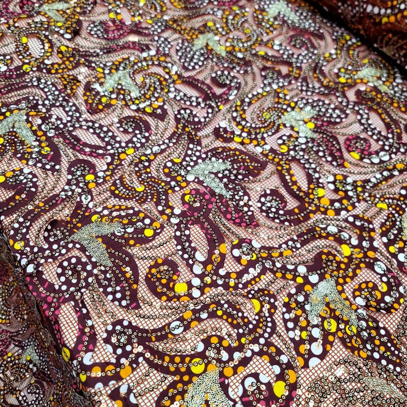 Maroon Sequins Embroidery Fish Net Lace