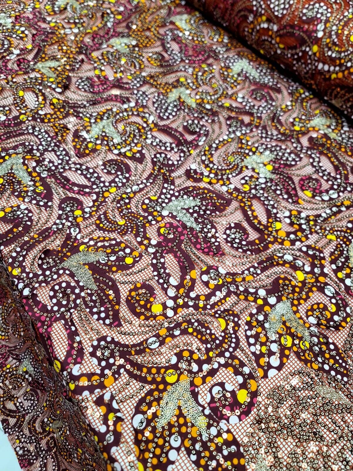 Maroon Sequins Embroidery Fish Net Lace
