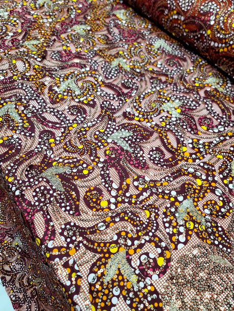 Maroon Sequins Embroidery Fish Net Lace