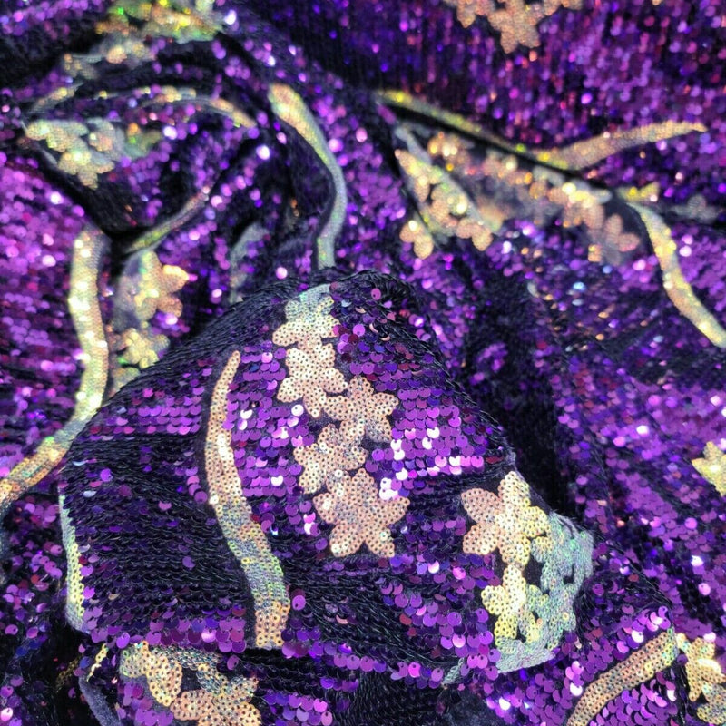 Purple Sequin Embroidery Stretch Velvet Fabric