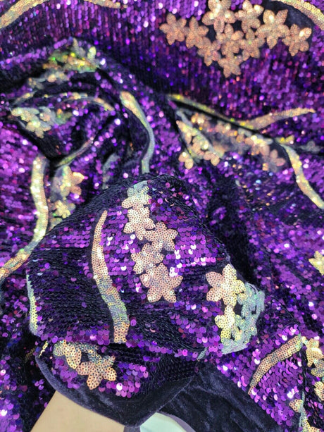 Purple Sequin Embroidery Stretch Velvet Fabric
