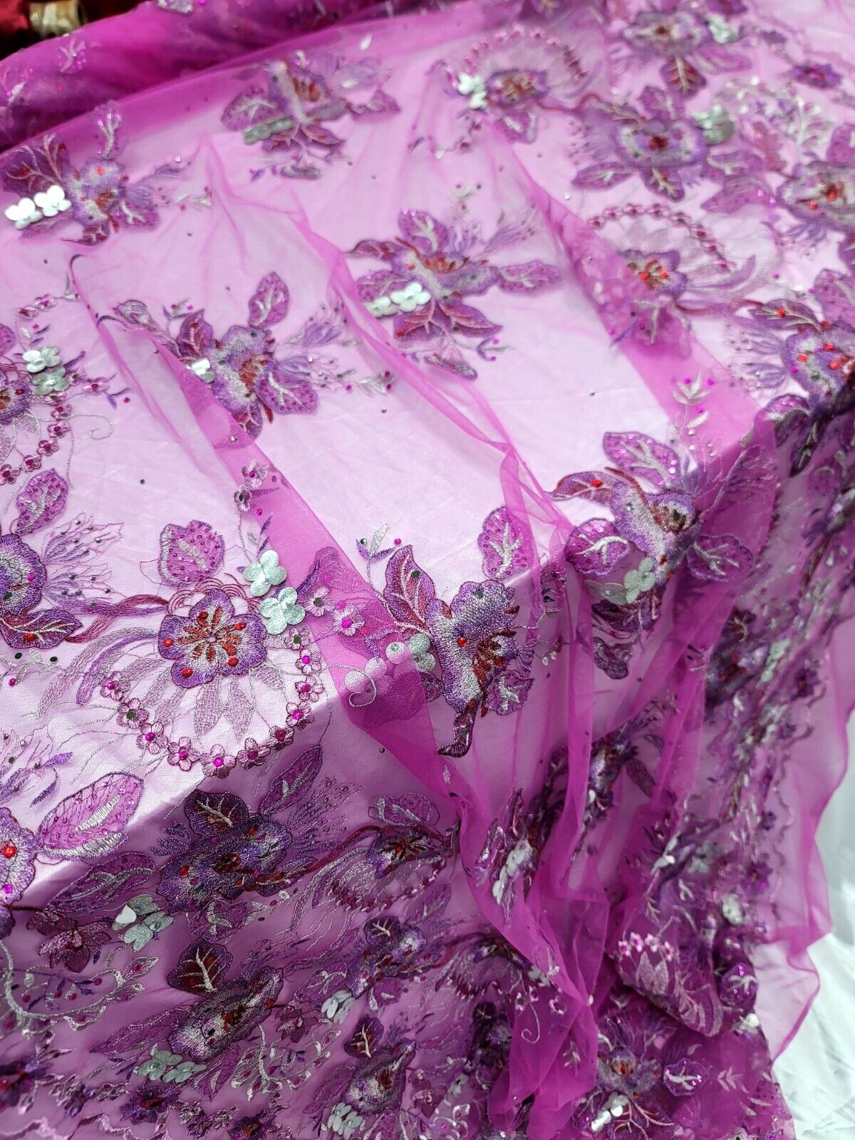 3D Floral Lace Purple with Silver Embroidery