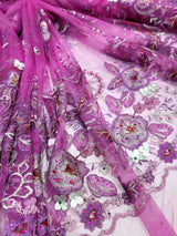 3D Floral Lace Purple with Silver Embroidery
