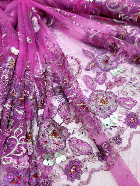 3D Floral Lace Purple with Silver Embroidery